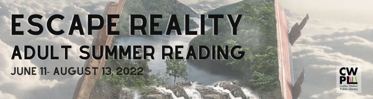 Escape Reality adult summer reading june 11th thru august 13th 2022 open book with jungle and waterfall
