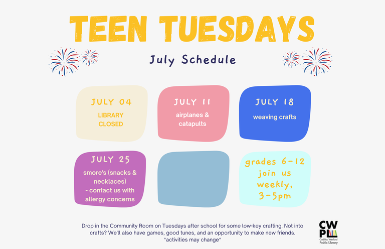 JULY Teen Tuesdays - monthly schedule (17 × 11 in).png